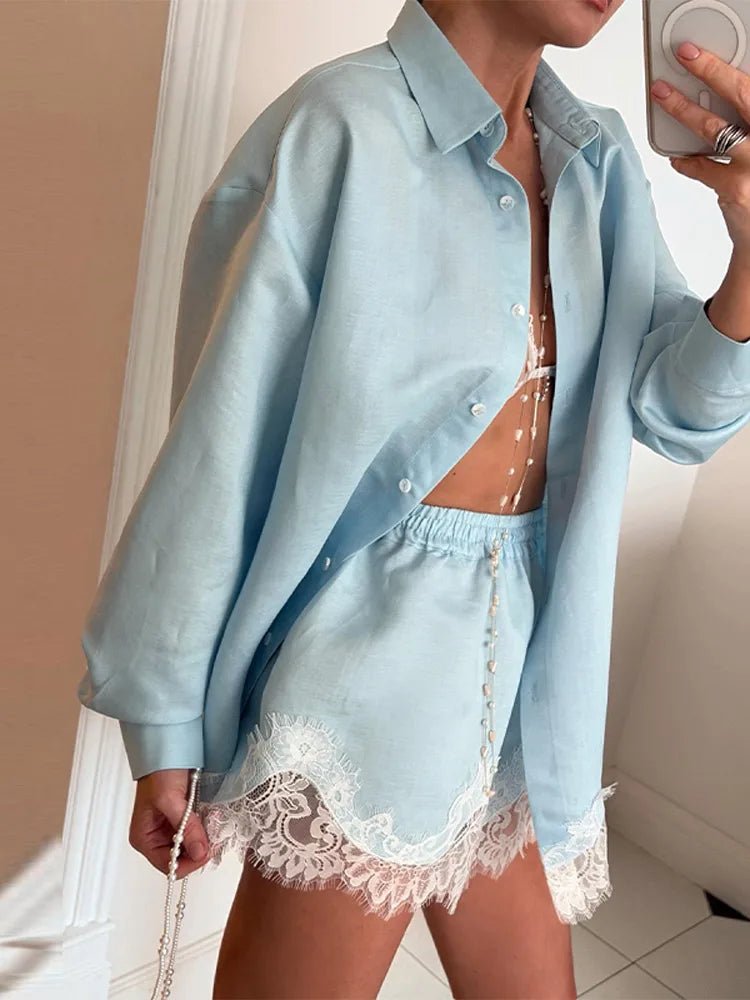 SOERA Celeste Lace Patchwork Beach Shirt Set - Matching Sets - Blue M