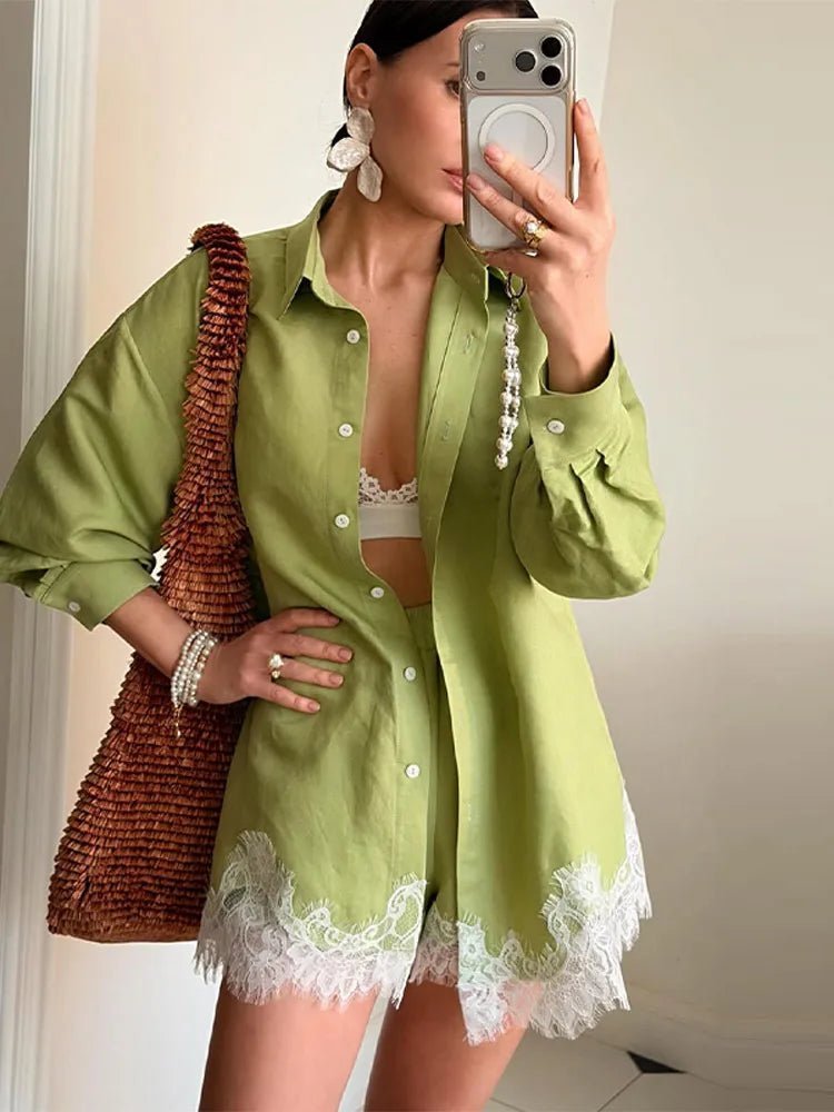 SOERA Celeste Lace Patchwork Beach Shirt Set - Matching Sets - Blue S