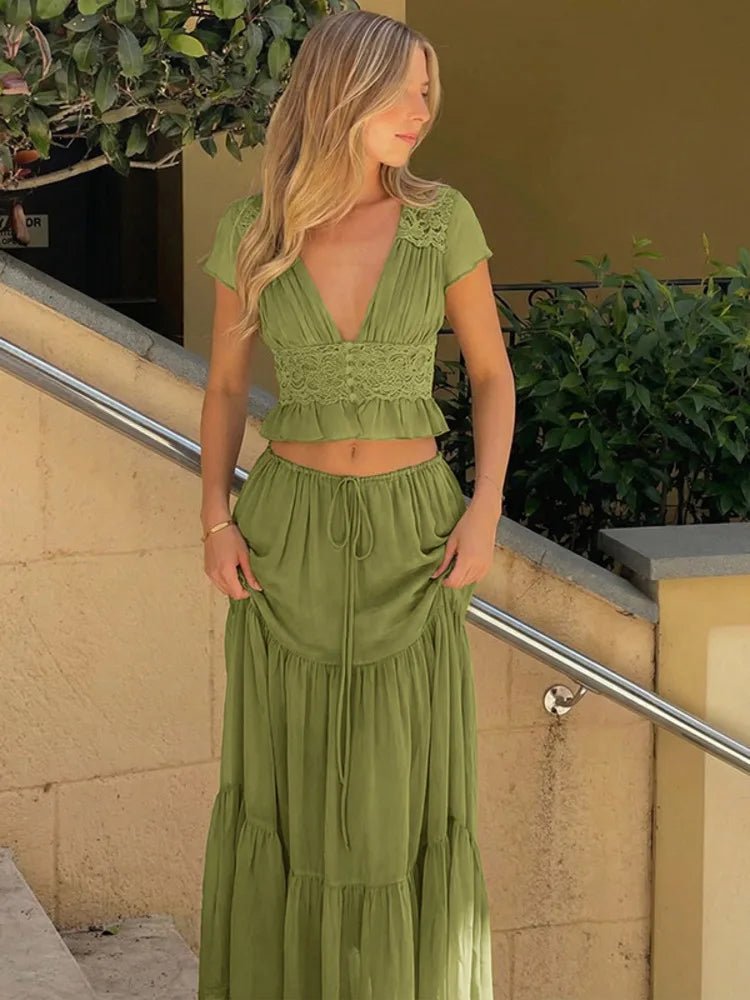 SOERA Morrigan Lace Chiffon Top & Skirt Set - Matching Sets - Green XS