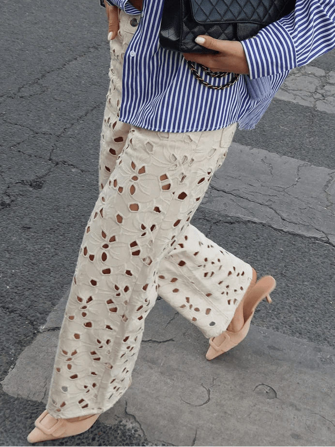 SOERA Anais Hollow - Out Denim High Waist Straight Jeans - Pants - Beige M