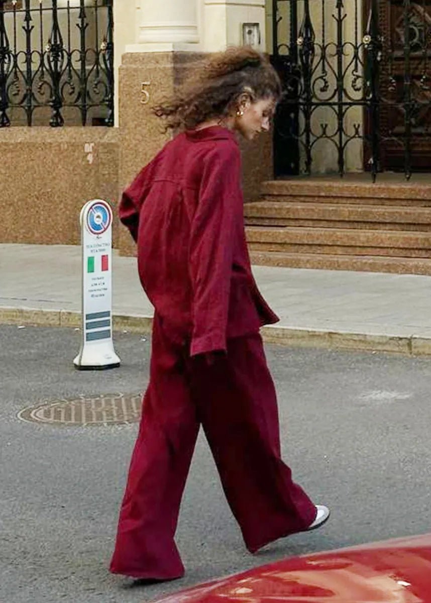 SOERA Bianca Relaxed Cotton Shirt & Wide-Leg Pants Set - Pants - Burgundy L