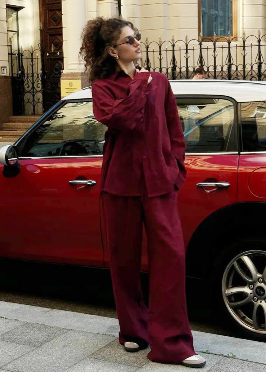SOERA Bianca Relaxed Cotton Shirt & Wide - Leg Pants Set - Pants - Burgundy M