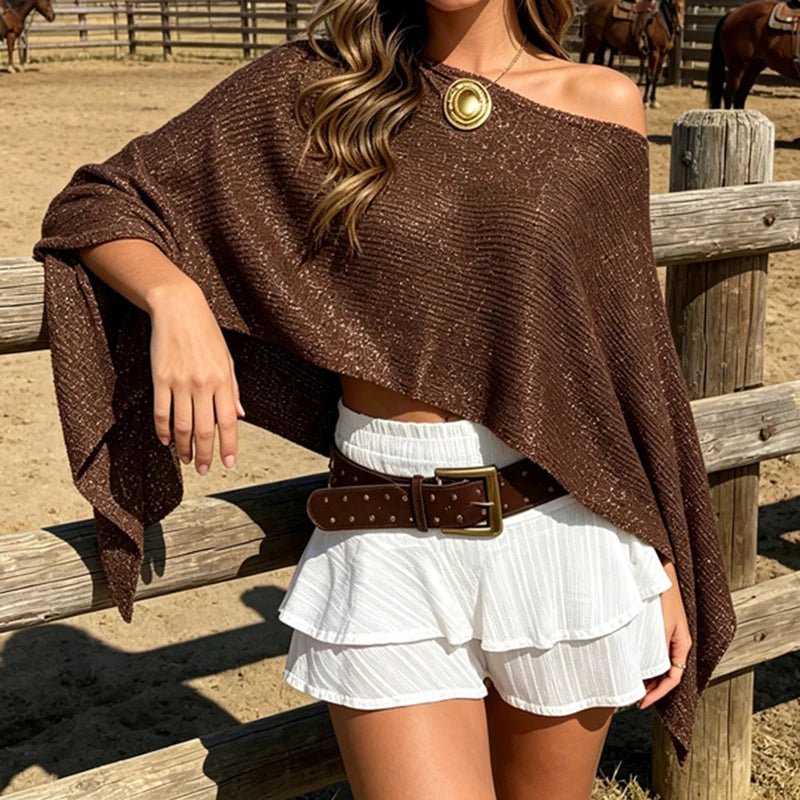 SOERA Bianca Shimmer Off - Shoulder Poncho Cape - Poncho - Brown