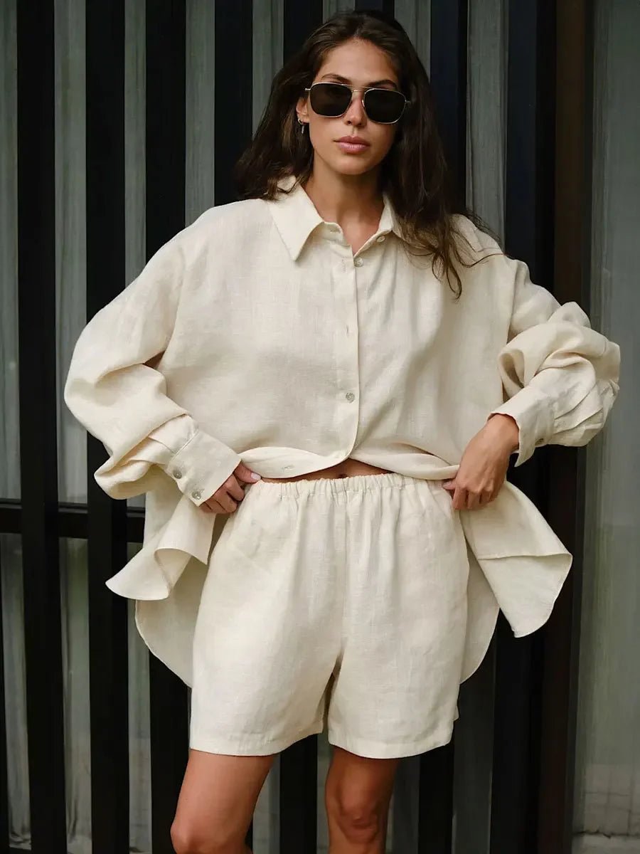 SOERA Sally Lapel Lantern Sleeve Shorts Set - Set - 1005006947356468-;DC1776063208020017170 Cream S