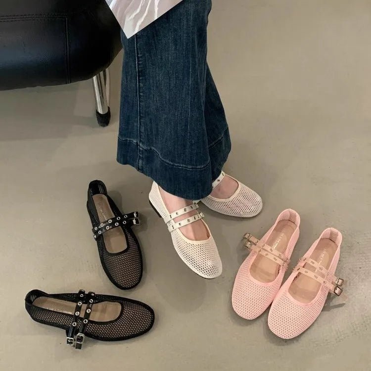 SOERA Valerie Buckled Mesh Ballet Flats - Shoes - 1005008919633161-;Gt1774869391273427941 Pink 36