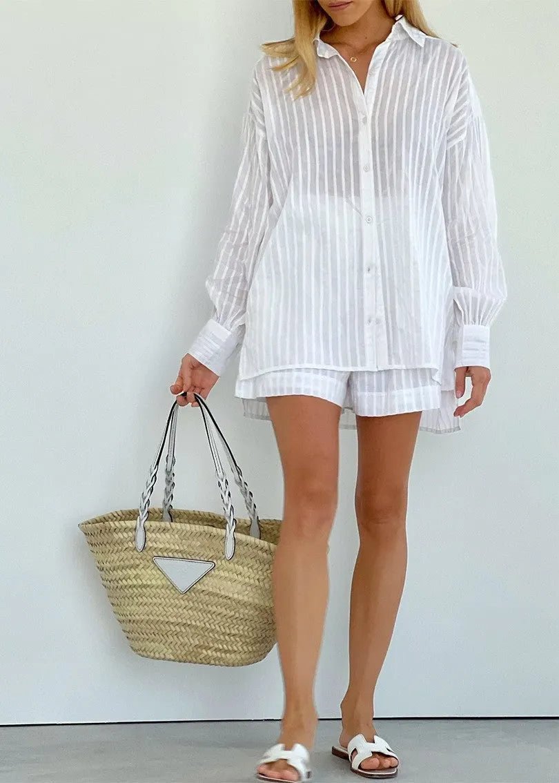 SOERA Bridget Striped Cotton Shirt and Shorts Set - Shorts - S