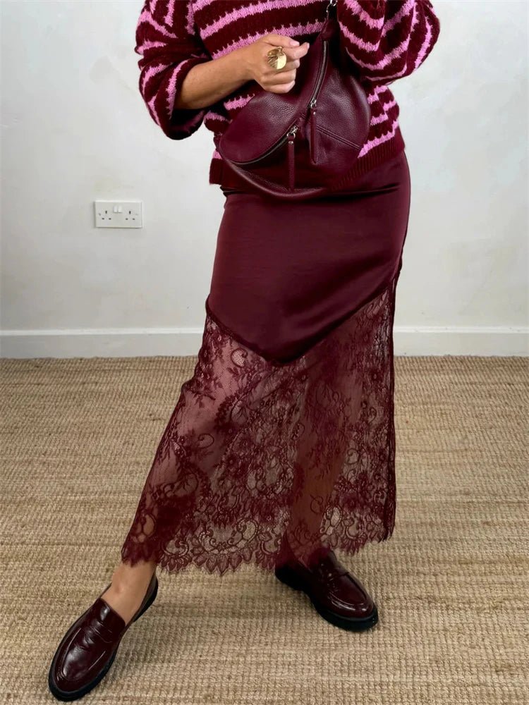 SOERA Diane Satin Lace Maxi Skirt - Skirts - 3256809822824212-;DE1765494891641427126 Burgundy S