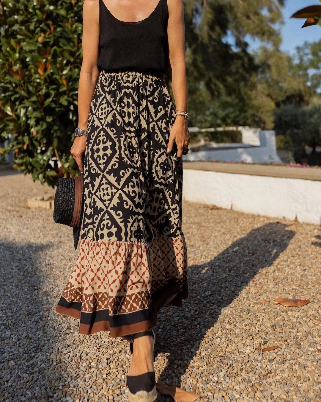 SOERA Zara Boho Printed Midi Swing Skirt - Skirts - Olive S