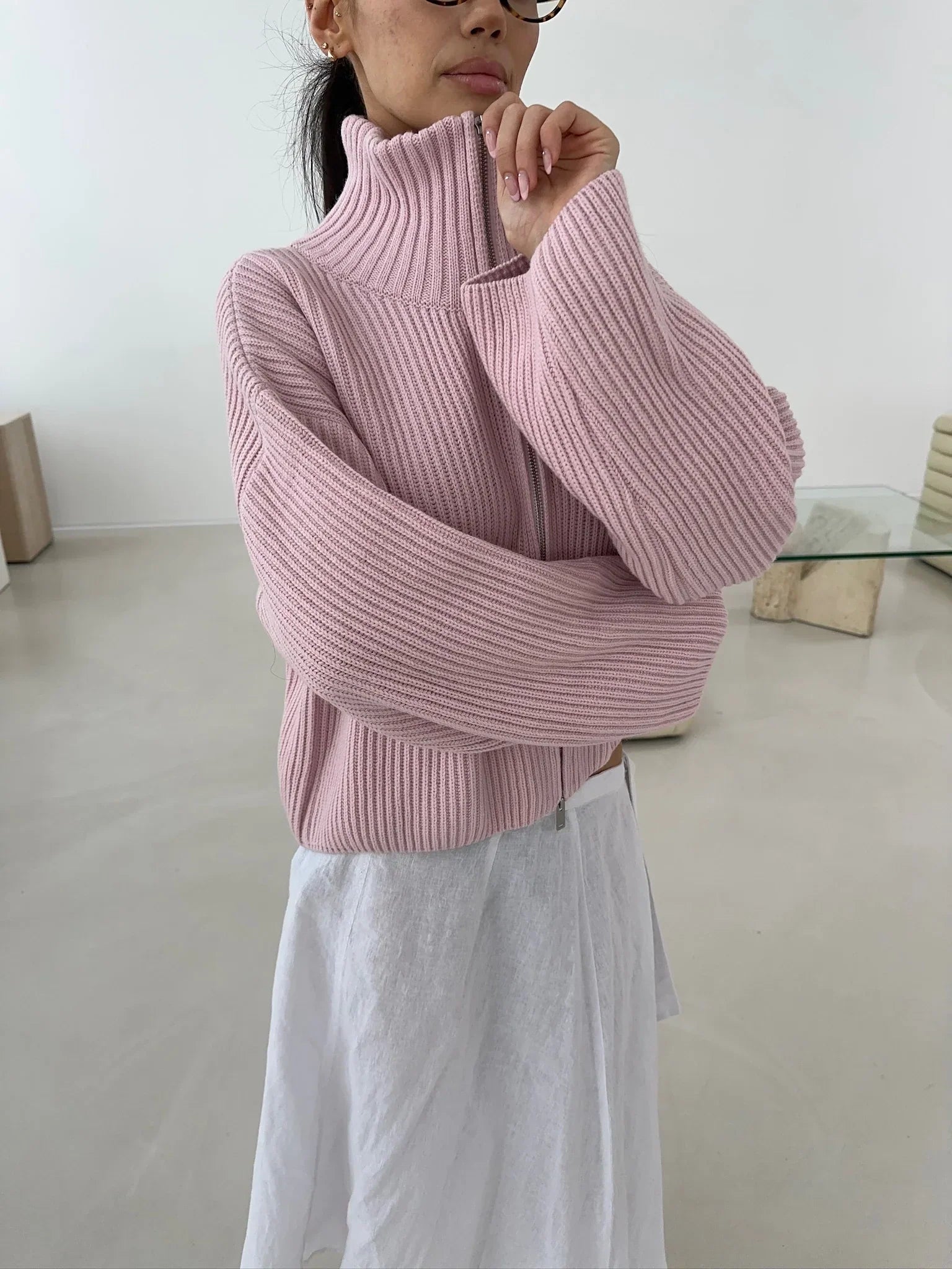 SOERA Daniela Oversized Ribbed Zip-Up Sweater - Sweater - SOERA-454403-PIN-L-44195 Pink L
