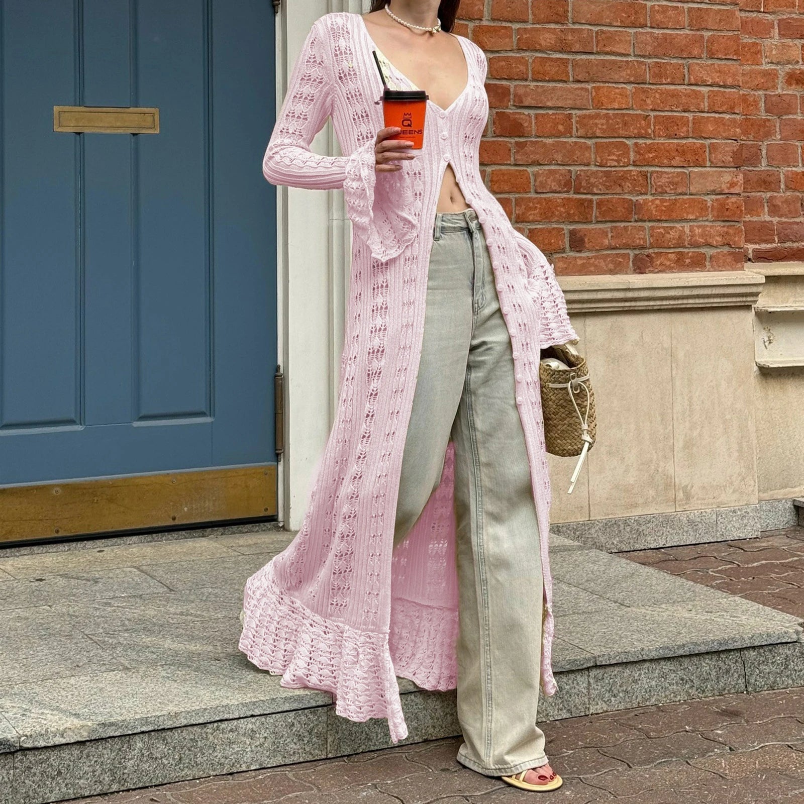 SOERA Lyra Hollow Out Knit Cardigan Dress - Sweaters & Cardigans - Pink S