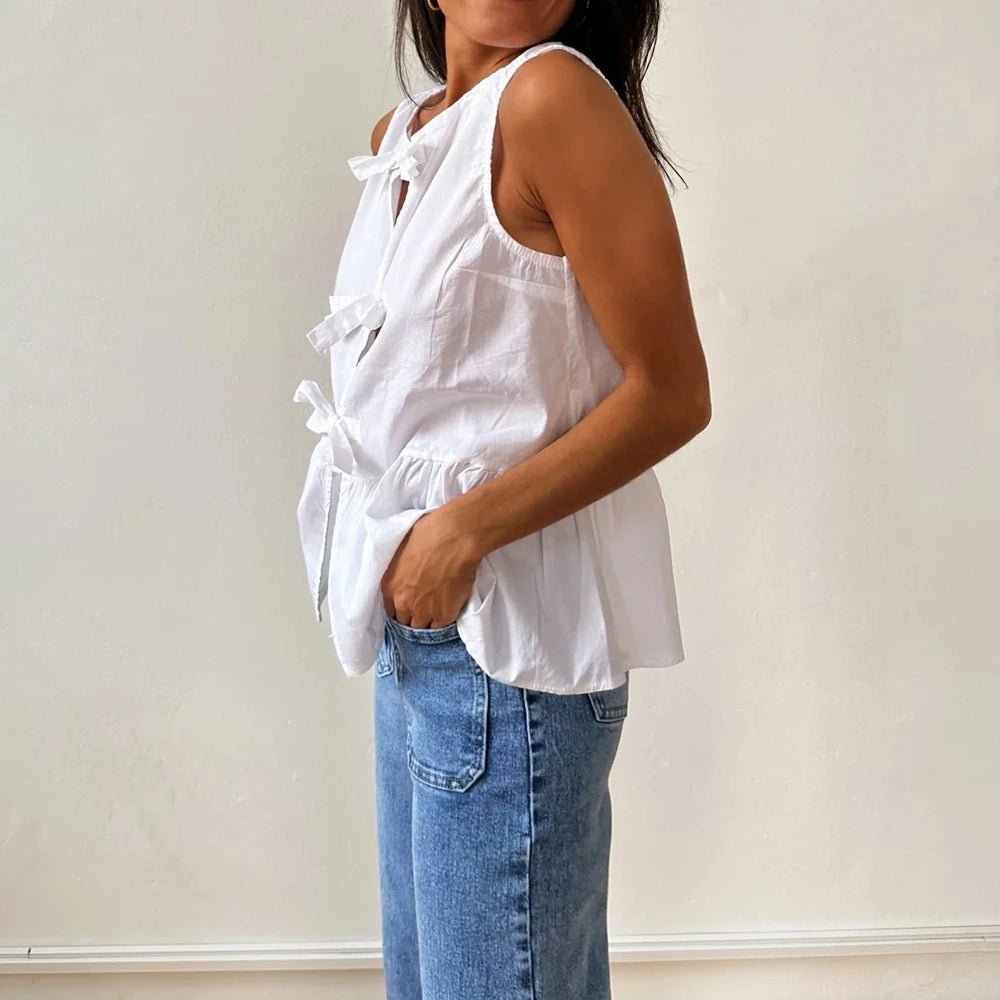 SOERA Bianca Bow - Tie Peplum Tank Top - Top - White L