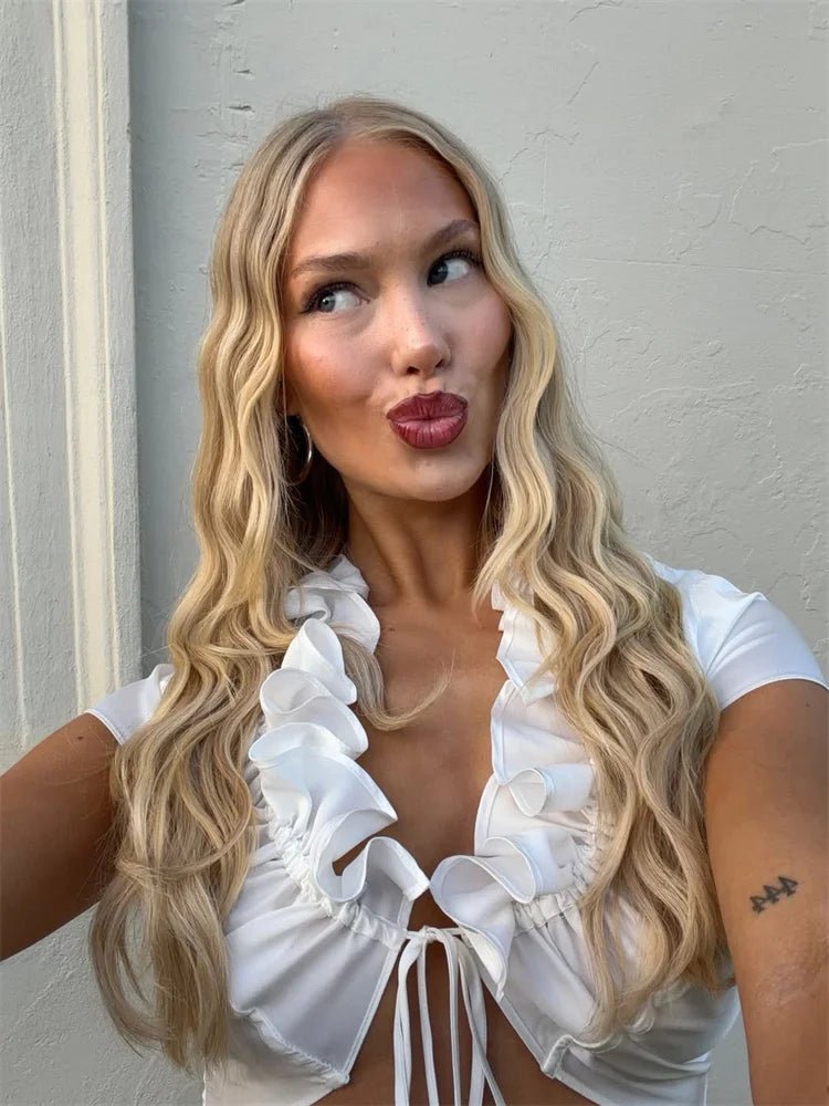 SOERA Bianca Ruffled Lace - Up Cropped Tank - Top - White S