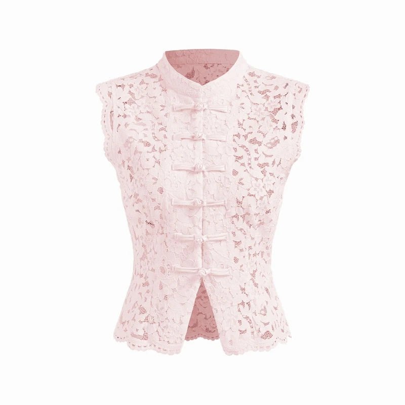 SOERA Beatrix Sheer Lace Mandarin Collar Blouse - Tops - White S