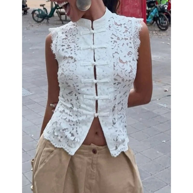 SOERA Beatrix Sheer Lace Mandarin Collar Blouse - Tops - White S