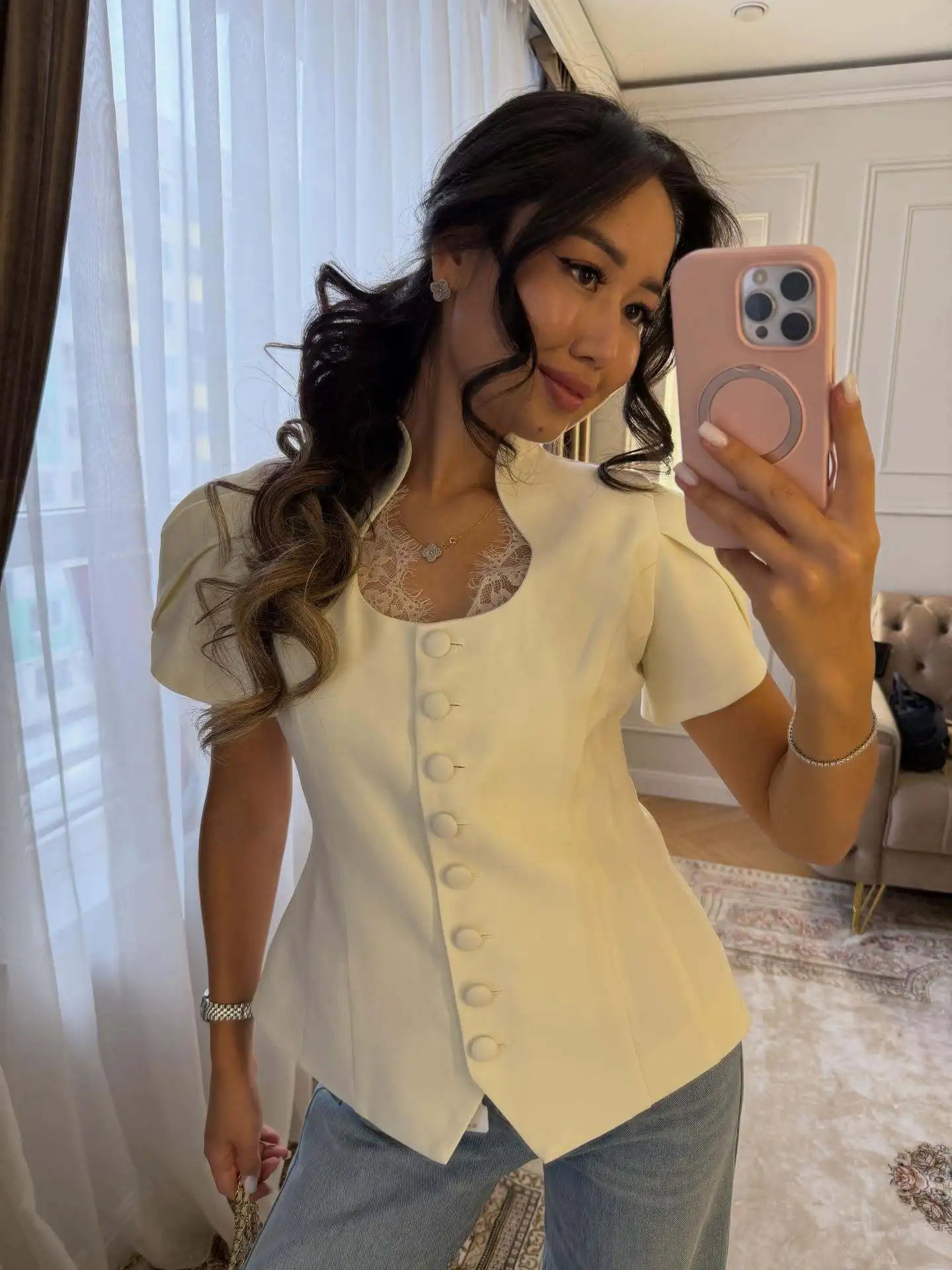 SOERA Bianca Button Front Stand Collar Top - Tops - White S
