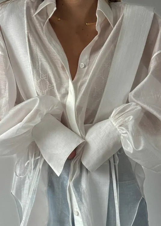 SOERA Isabella Oversized Ribbon-Tie Puff Sleeve Shirt - Tops - Pink S