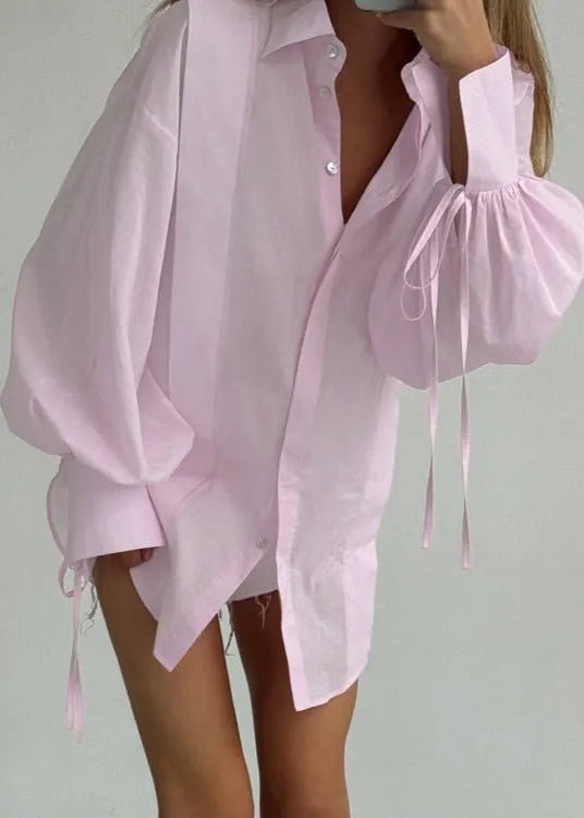 SOERA Isabella Oversized Ribbon-Tie Puff Sleeve Shirt - Tops - Pink S