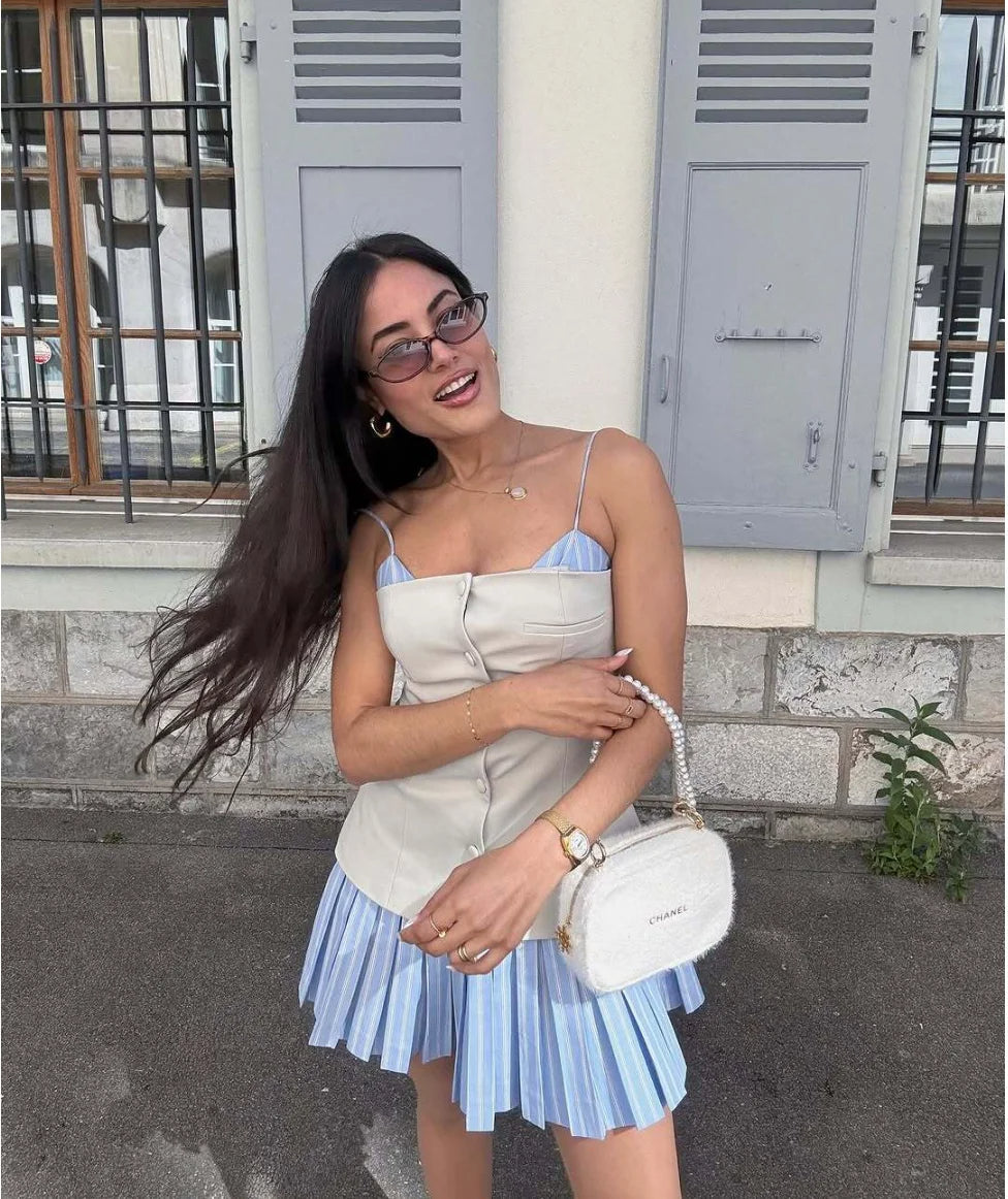 Mini abito a corsetto plissettato a righe Trina