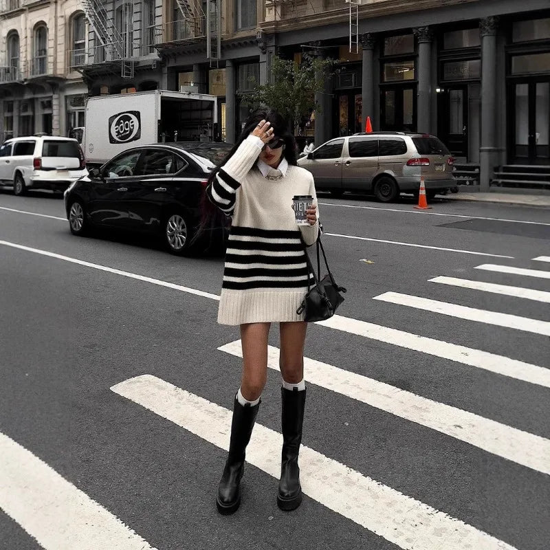 Black and White Striped Sweater for Women - Versatile Medium and Long Styles 4