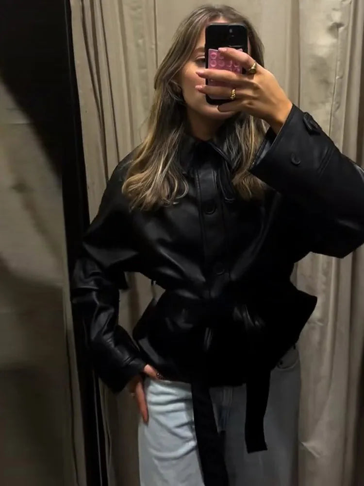 Elegant Women's PU Leather Jacket with Lace Up, Full Sleeves - Stylish Women's Jacket for Autumn Fashion 1