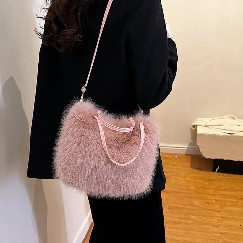 Faux Fur Tote Bag Women's Bucket Plush Luxury Design Crossbody Shoulder Handbag Winter 3
