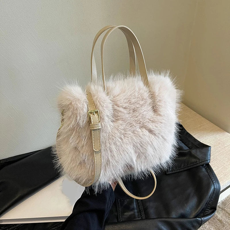 Faux Fur Tote Bag Women's Bucket Plush Luxury Design Crossbody Shoulder Handbag Winter 8