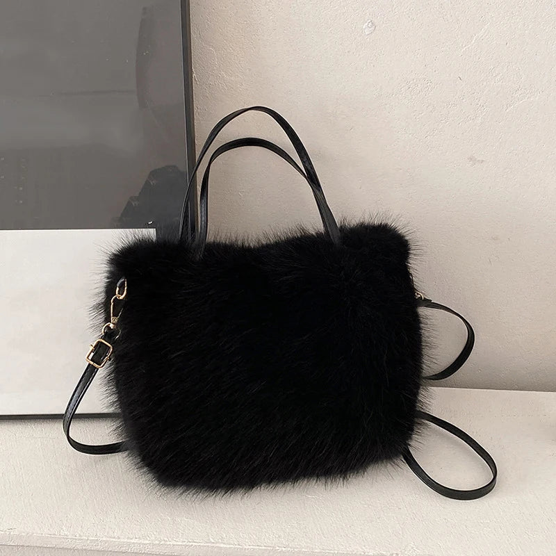 Faux Fur Tote Bag Women's Bucket Plush Luxury Design Crossbody Shoulder Handbag Winter 9