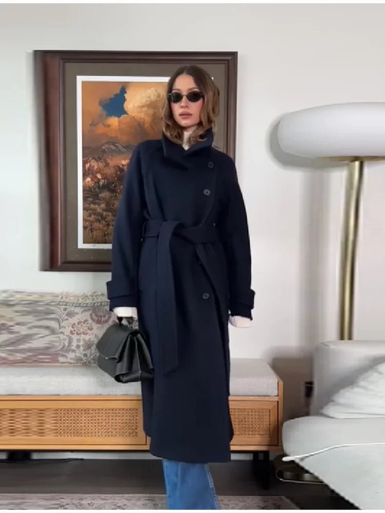 Feline Long Belted High Collar Womens Coat - Stylish Winter Outerwear 2