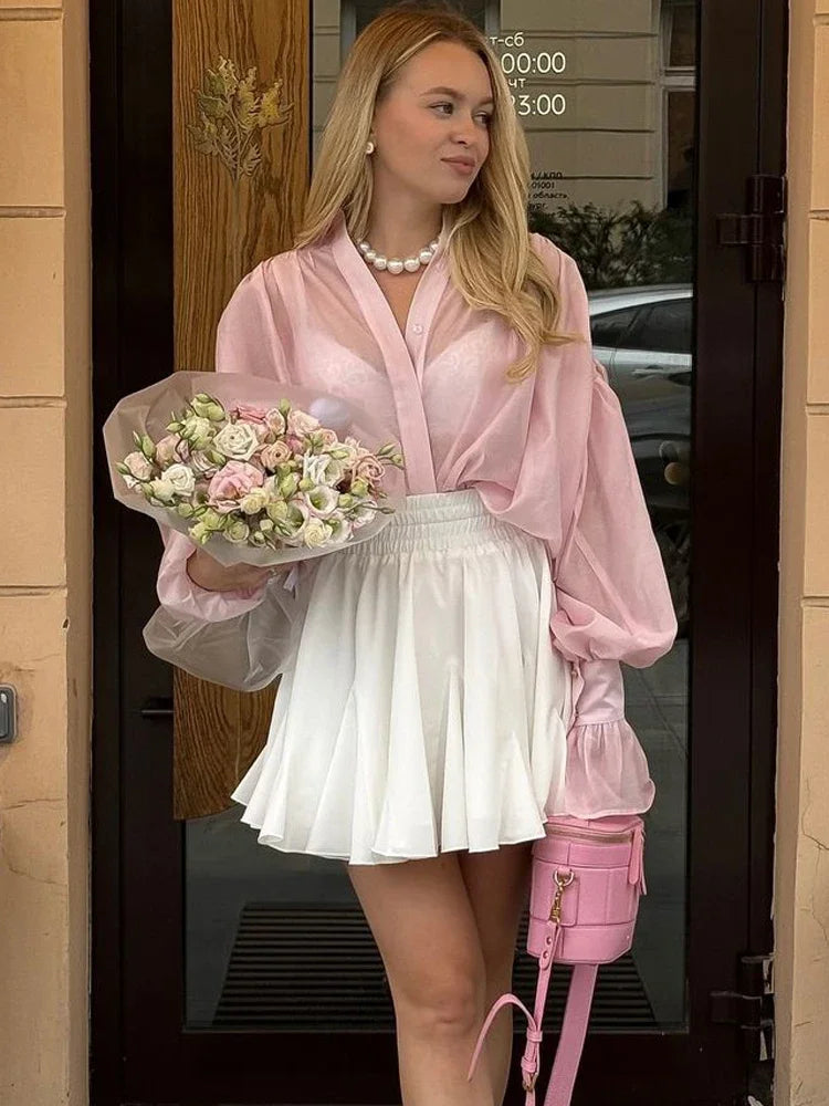 Women's Blouse - Casual Loose See-Through Long Sleeve Top with Chic Lapel 3