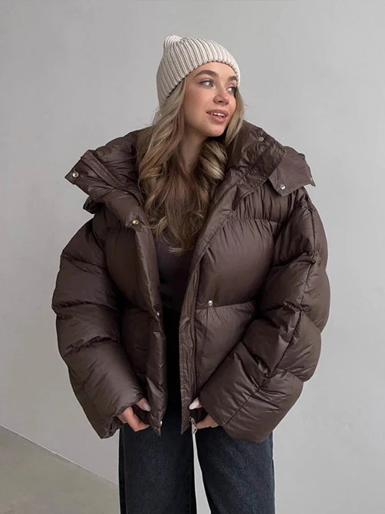 Women's Brown Cropped Puffer Jacket with Detachable Hood - Casual Winter Coat 2