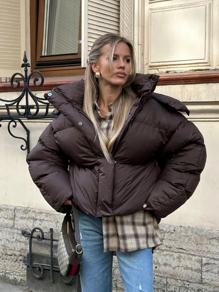 Women's Deep Brown Hooded Puffer Jacket - Casual Winter Coat for Women 0