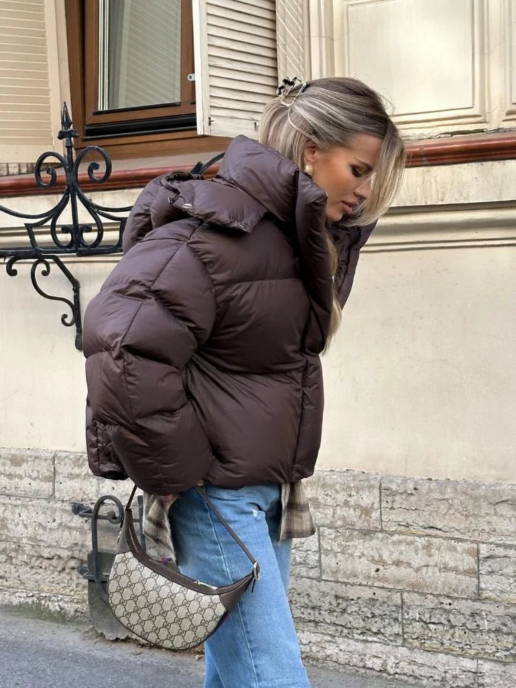 Women's Deep Brown Hooded Puffer Jacket - Casual Winter Coat for Women 1