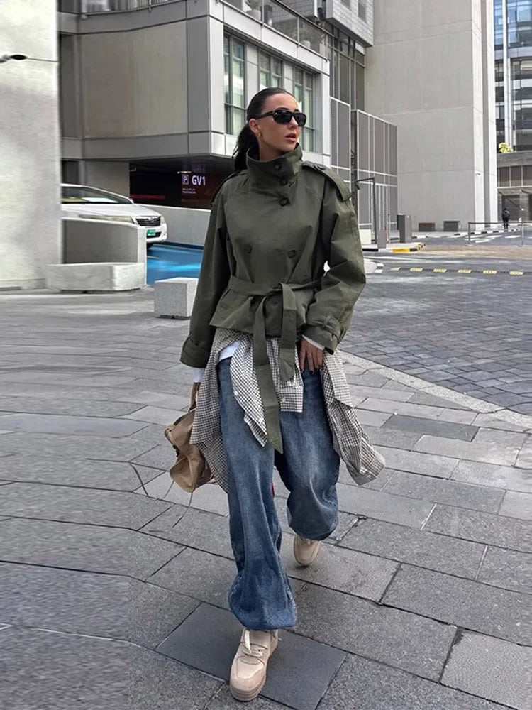 Women's Double Breasted Cropped Trench Coat - Casual Long Sleeve Outerwear for Women 2