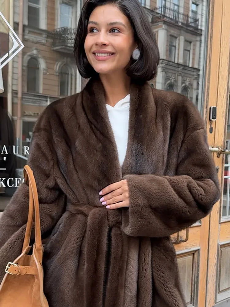 Women's Elegant Lace Up Faux Fur Jacket - Plush V-Neck Long Sleeve Loose Winter Coat for Daily Commute 4