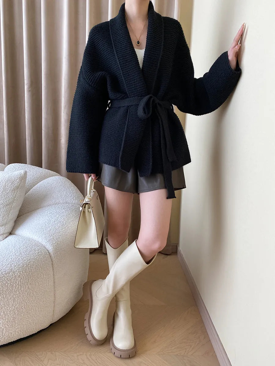 Women's Knitted Cardigan Sweater with Belt Loose Oversized Cardigans Solid Khaki Warm Lace Up Waist Fashion Coats for Women 6