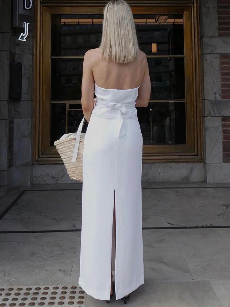 Women's White Summer Dress Two-Piece Set - Stylish Hanging Neck Vest & Slim Long Skirt for Casual Fashion 5
