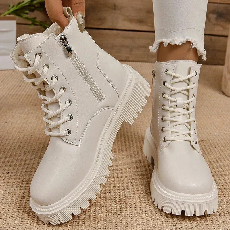 Black Ankle Boots for Women - Winter Warm Short Plush Combat Boots with Zip Lace Up Design 1