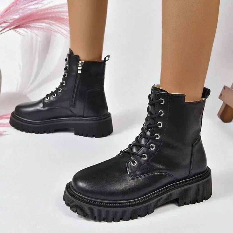 Black Ankle Boots for Women - Winter Warm Short Plush Combat Boots with Zip Lace Up Design 3