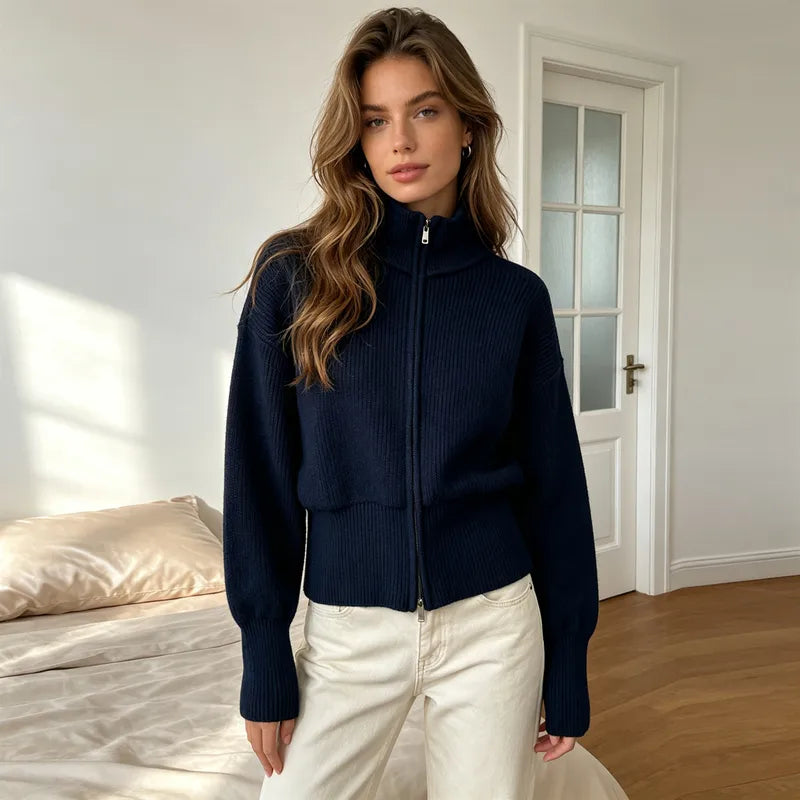 SOERA Joanna Double Zip Knitted Cardigan in Navy