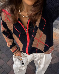 Cardigan en maille zippé à col montant côtelé Melissa à motif argyle