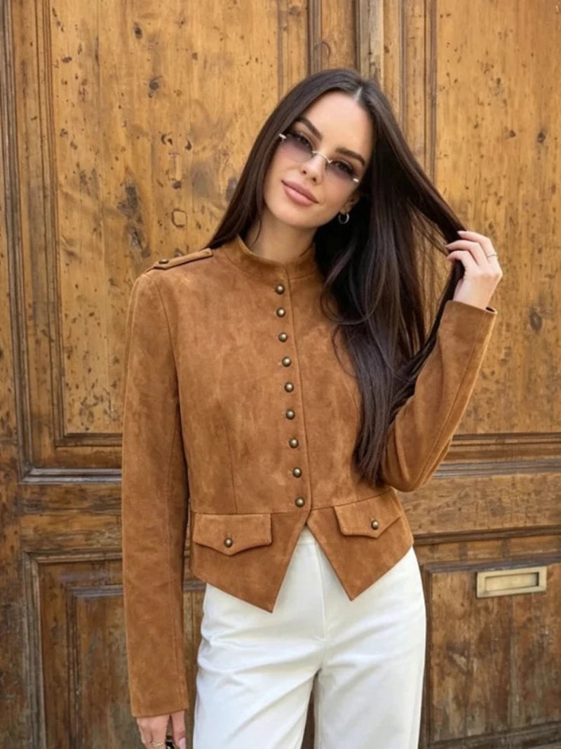 Nadia Faux Suede Button Cropped Coat