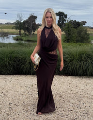 Abito maxi Beatrice con patchwork in pizzo e scollo all'americana