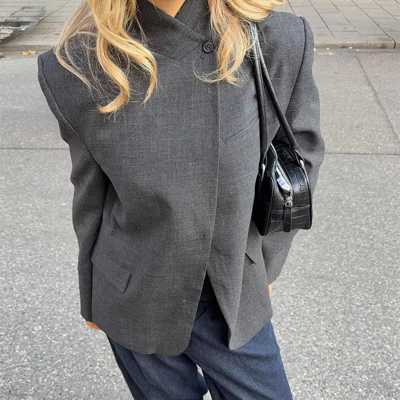 SOERA Katie Plaid Stand Collar Blazer - Blazer -  Charcoal S