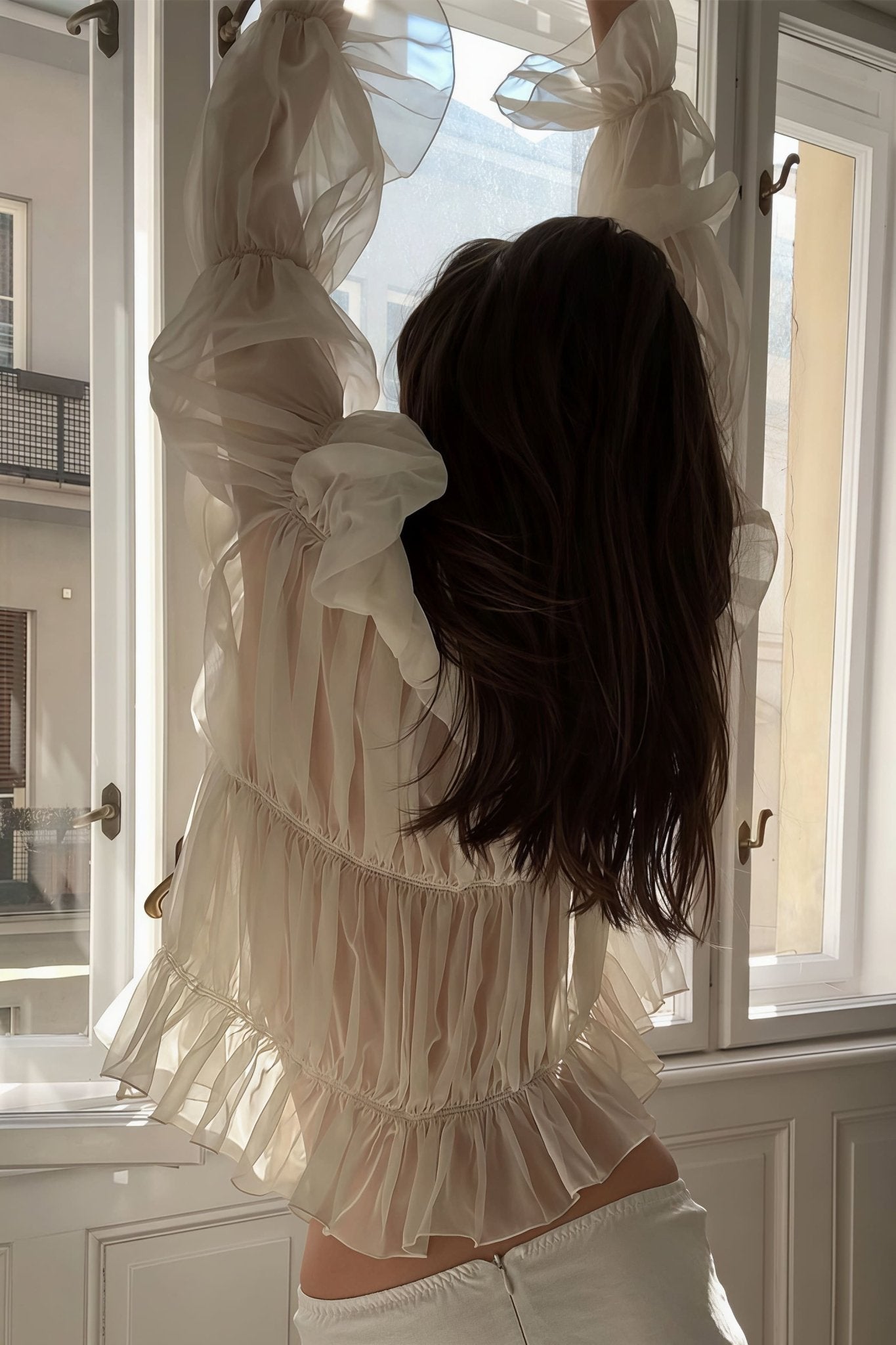 SOERA Beatrice Ruched Ruffle Tie Blouse - Blouse -  Beige L