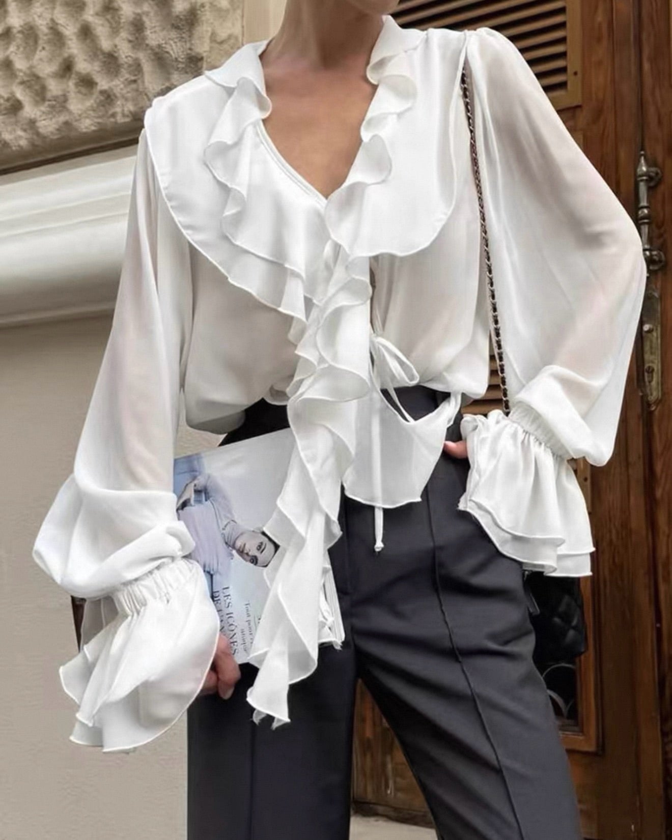 SOERA Linda Tie Neck Ruffled Blouse - Blouse - SOERA-414531-WHI-S-87299 White S