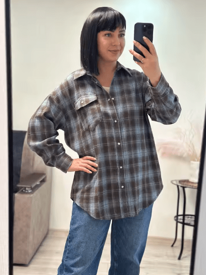 SOERA Melissa Oversized Plaid Shirt - Blouse - SOERA-074691-GRA-O-16451 Gray Blue One Size