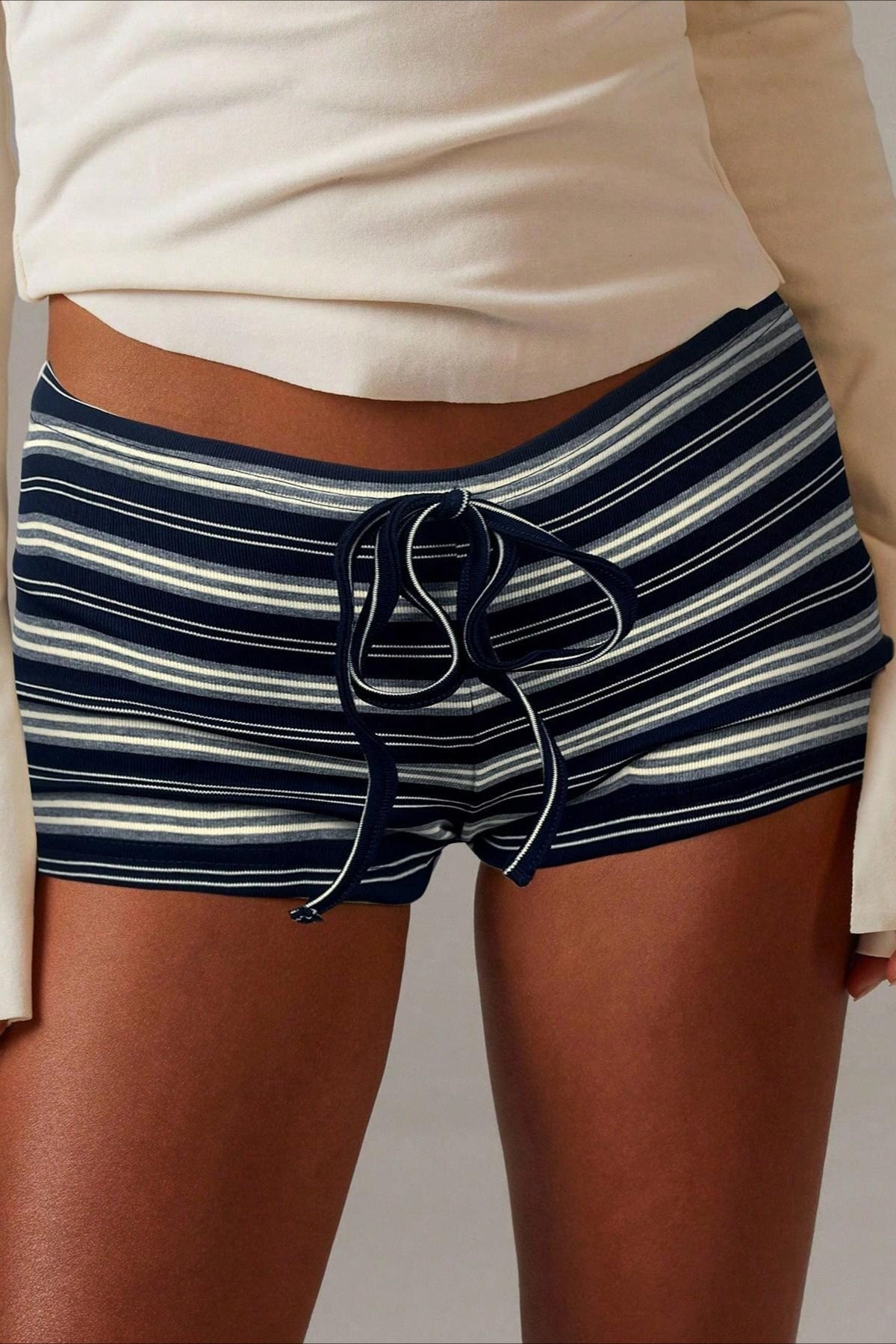 SOERA Malina Stripe Drawstring Low Waist Shorts - Bottoms -  Blue S