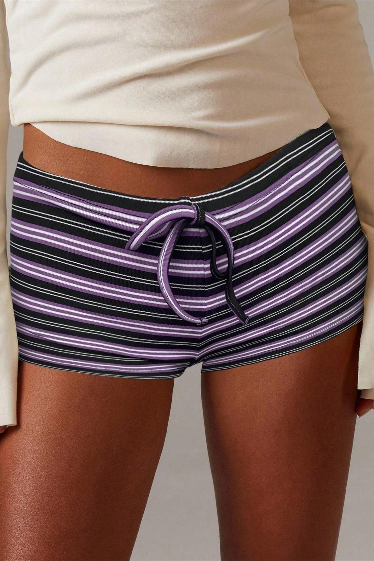 SOERA Malina Stripe Drawstring Low Waist Shorts - Bottoms -  Purple S