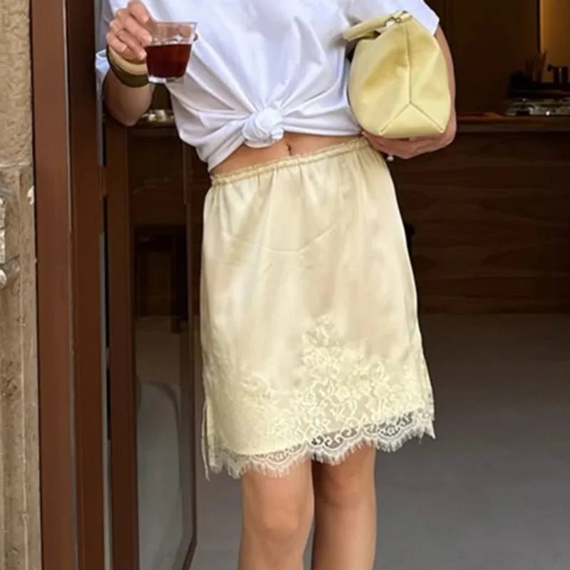 SOERA Saskia Lace Patchwork Satin Mini Skirt - Bottoms -  Yellow L