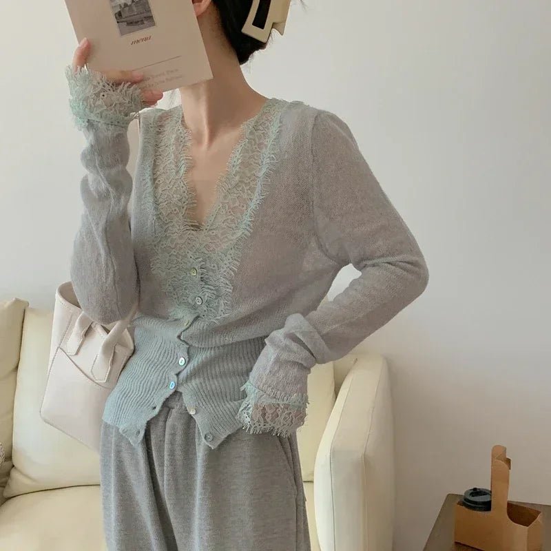 SOERA Aurelie Knitted Lace Cardigan - Cardigans - 1005007717662399-;mE1764877298329149228 Blue One Size